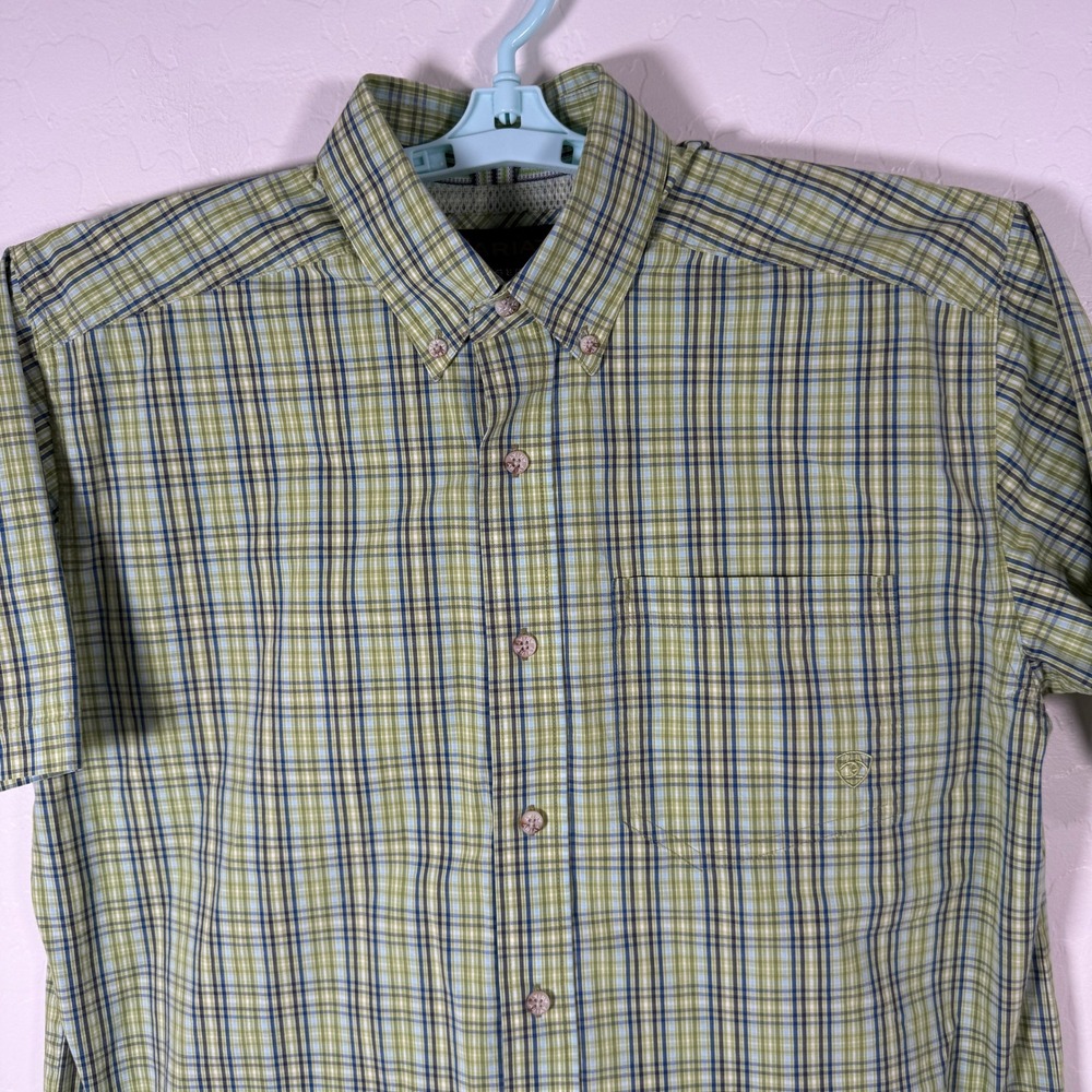Ariat Button Down Shirt Mens Medium Green Plaid Pro Series Short Sleeve Western